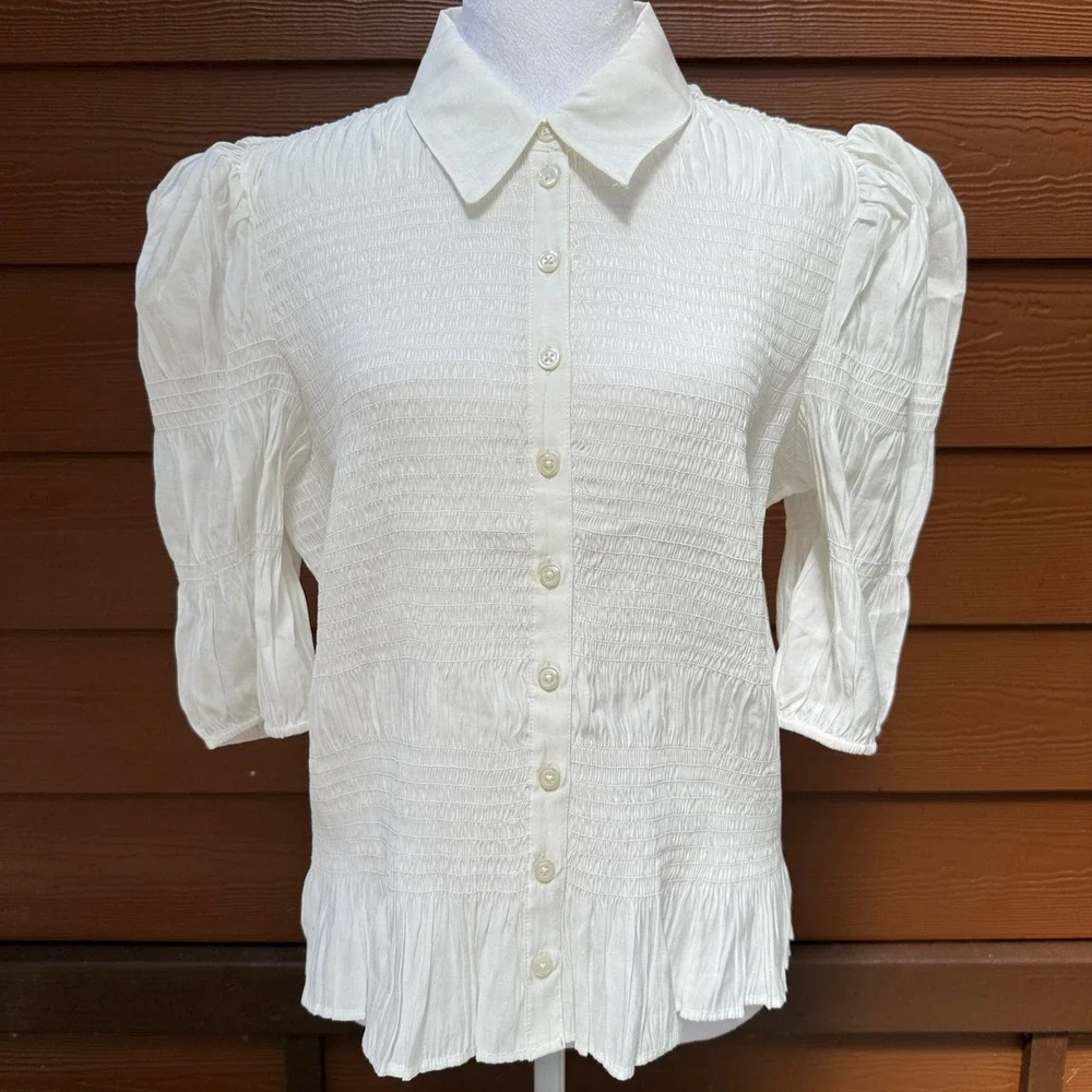 Anthropologie Smocked Puff Sleeve Blouse Womens Large Ivory Ruffle Romantic Boho